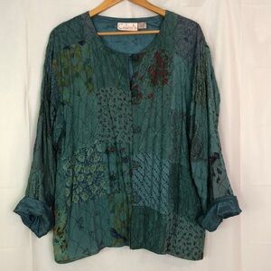 CELESTE Women’s Teal Floral Silk Blended Patchwork Embroidered Jacket Size M/L